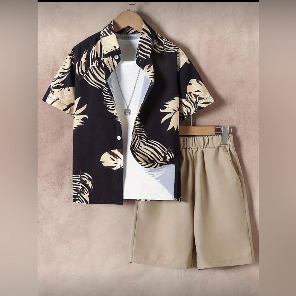 SHEIN Tropical Black and Beige Shirt with Khaki Shorts Set